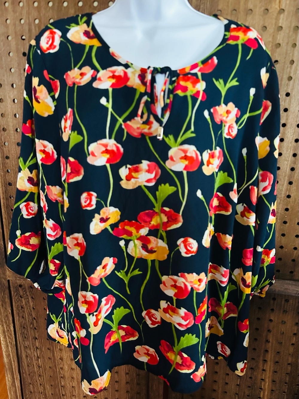 Women's Navy Floral Tie-Neck Tunic Top Size 1X